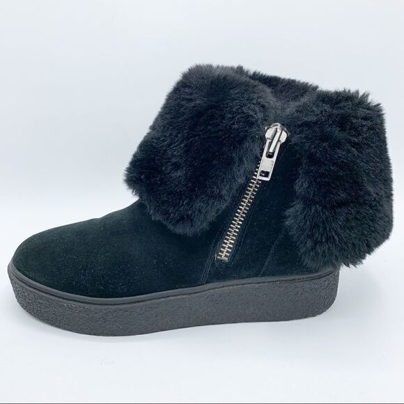 J/ Slides NYC Black Suede Platform Side Zip Ankle Snow Boots Faux Fur Sz 7.5 - Picture 1 of 14